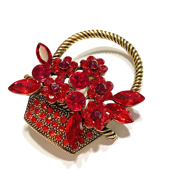 Red Rhinestone Flower Basket Brooch Rope Textured Goldtone Dimensional Pin Chic - Picture 7 of 7